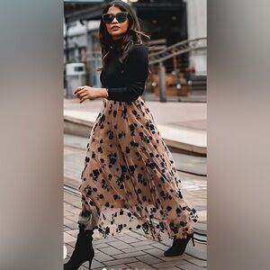 EUC Women’s Tan Sheer Floral Maxi Skirt - Fits One Size